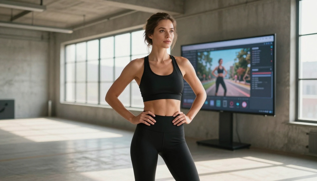 Woman in athletic wear reviewing AI-generated video on a studio monitor Woman in athletic wear reviewing AI-generated video on a studio monitor