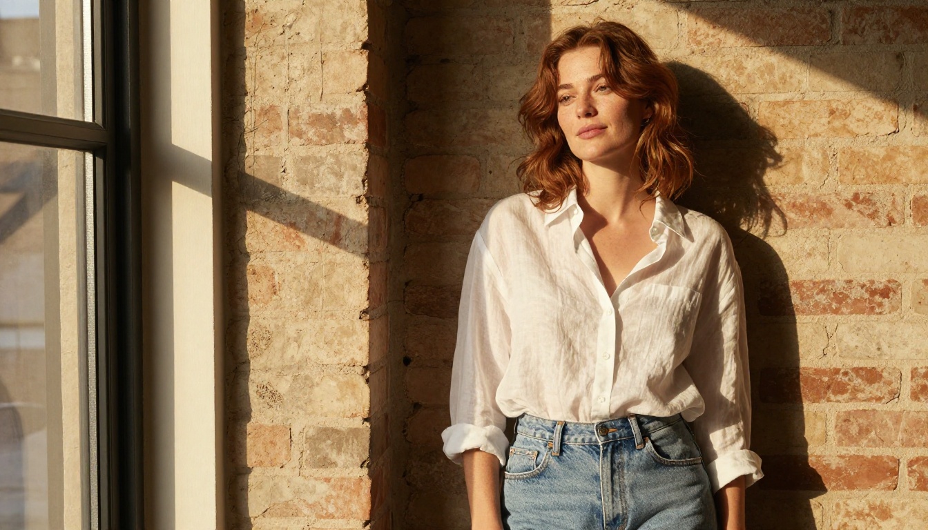 Woman in semi-sheer linen shirt in a sunlit loft with warm golden afternoon light Woman in semi-sheer linen shirt in a sunlit loft with warm golden afternoon light