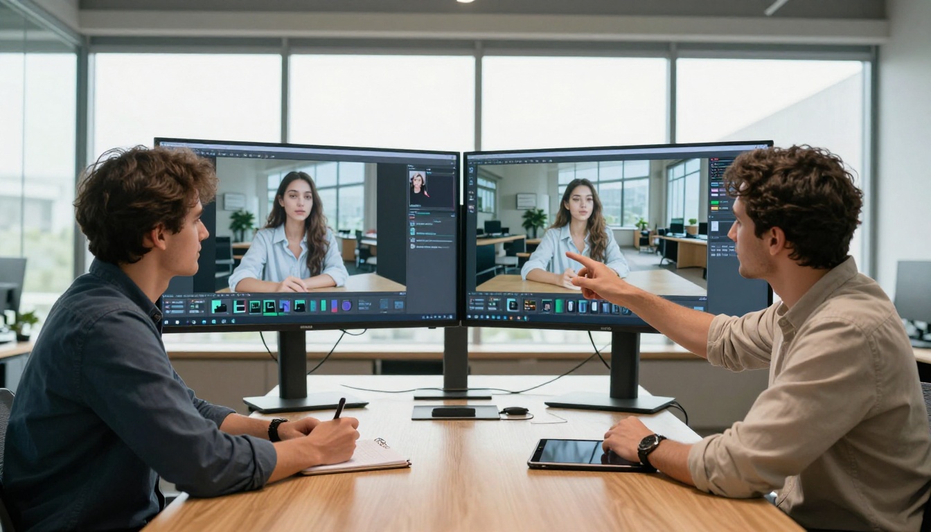 Two media professionals at a workstation reviewing AI video model comparison results Two media professionals at a workstation reviewing AI video model comparison results