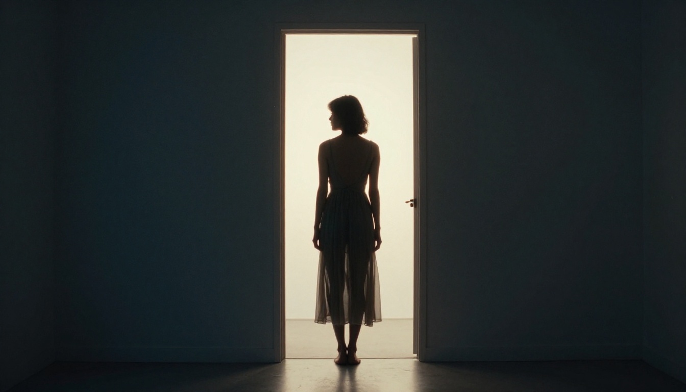 Woman silhouetted in a tall doorway with golden sunset backlight creating a warm halo Woman silhouetted in a tall doorway with golden sunset backlight creating a warm halo