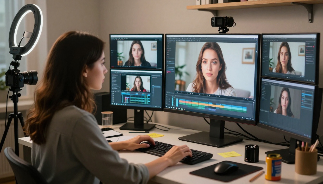 Content creator reviewing AI-generated footage at her editing workstation with ring light setup Content creator reviewing AI-generated footage at her editing workstation with ring light setup