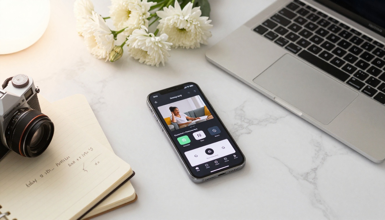 Overhead flat-lay of marble desk with video generation app, creative tools, and fresh flowers Overhead flat-lay of marble desk with video generation app, creative tools, and fresh flowers