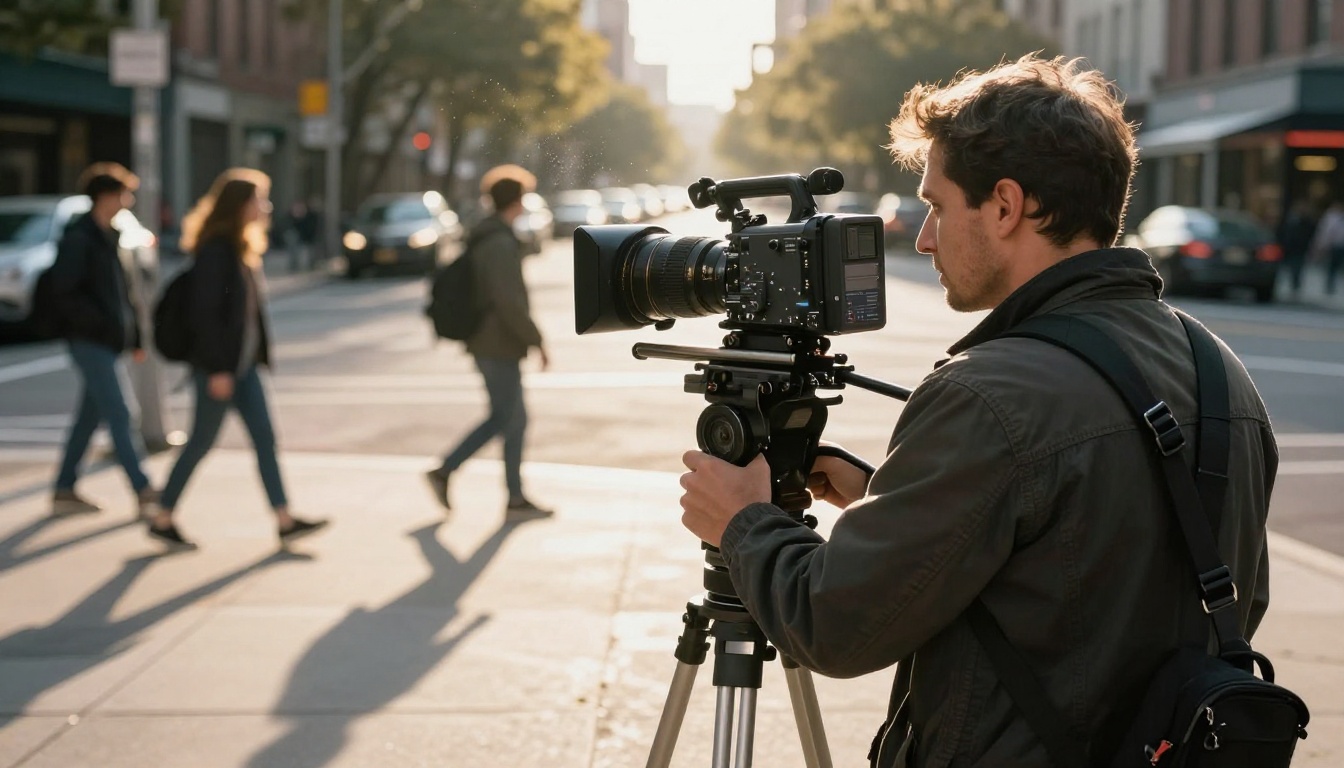 Professional cinematographer capturing high-speed action on a city street
