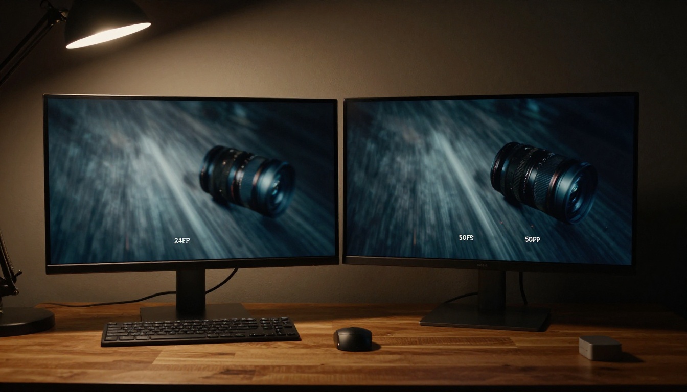 Side-by-side comparison of 24fps vs 50fps video frames on a studio monitor