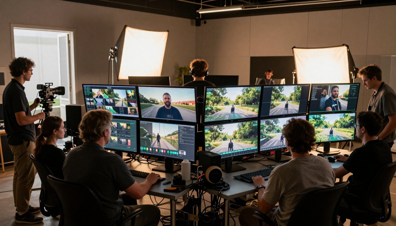 Professional film crew reviewing high frame rate footage on set production monitors