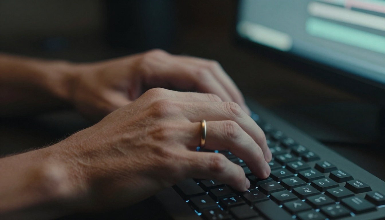 Detail shot of a filmmaker's hands at mechanical keyboard in dark video editing suite