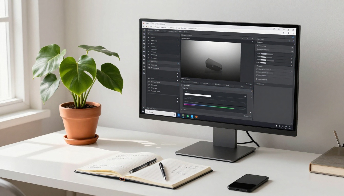 Clean minimal desk setup with AI video generation software interface on ultrawide monitor