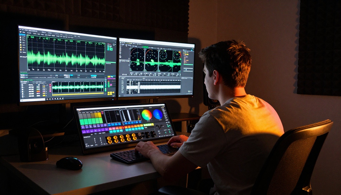 Professional color grading workstation with vivid 4K cinematic footage and waveform scopes