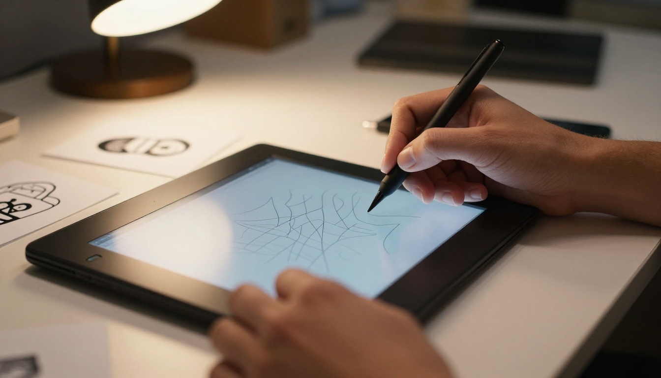 Close-up of a graphic designer working on vector art at a precision drawing tablet, warm desk lamp illuminating the workspace Close-up of a graphic designer working on vector art at a precision drawing tablet, warm desk lamp illuminating the workspace