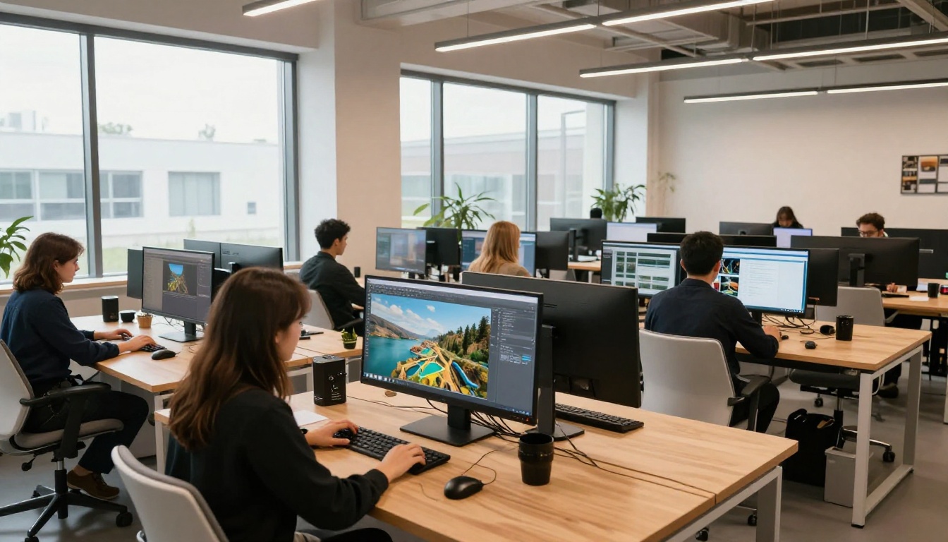 Modern creative agency studio with designers working at large-format AI-calibrated monitors, soft daylight through floor-to-ceiling windows Modern creative agency studio with designers working at large-format AI-calibrated monitors, soft daylight through floor-to-ceiling windows