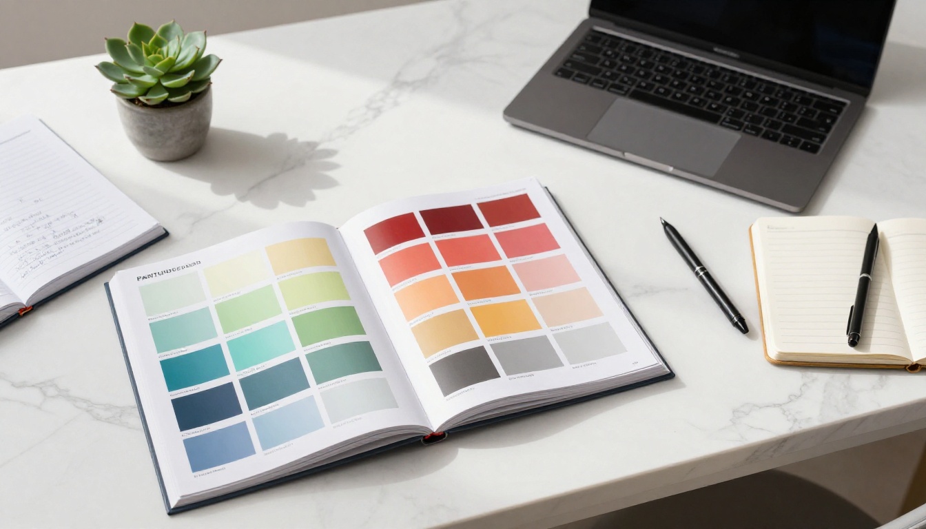 Aerial flat-lay of a professional design workspace with Pantone swatch books, color-accurate print samples, and a stylus on white marble Aerial flat-lay of a professional design workspace with Pantone swatch books, color-accurate print samples, and a stylus on white marble