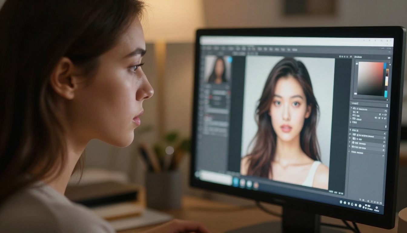 Female designer closely examining AI-generated image proofs on a professional color-calibrated monitor, warm studio light from the right Female designer closely examining AI-generated image proofs on a professional color-calibrated monitor, warm studio light from the right