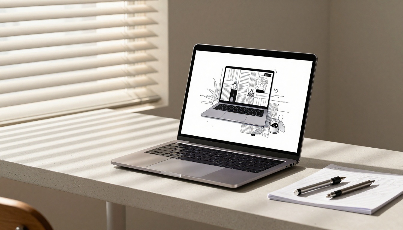 Low-angle dramatic shot of a laptop displaying clean vector artwork, morning sunlight through blinds creating warm parallel streaks across a white desk Low-angle dramatic shot of a laptop displaying clean vector artwork, morning sunlight through blinds creating warm parallel streaks across a white desk