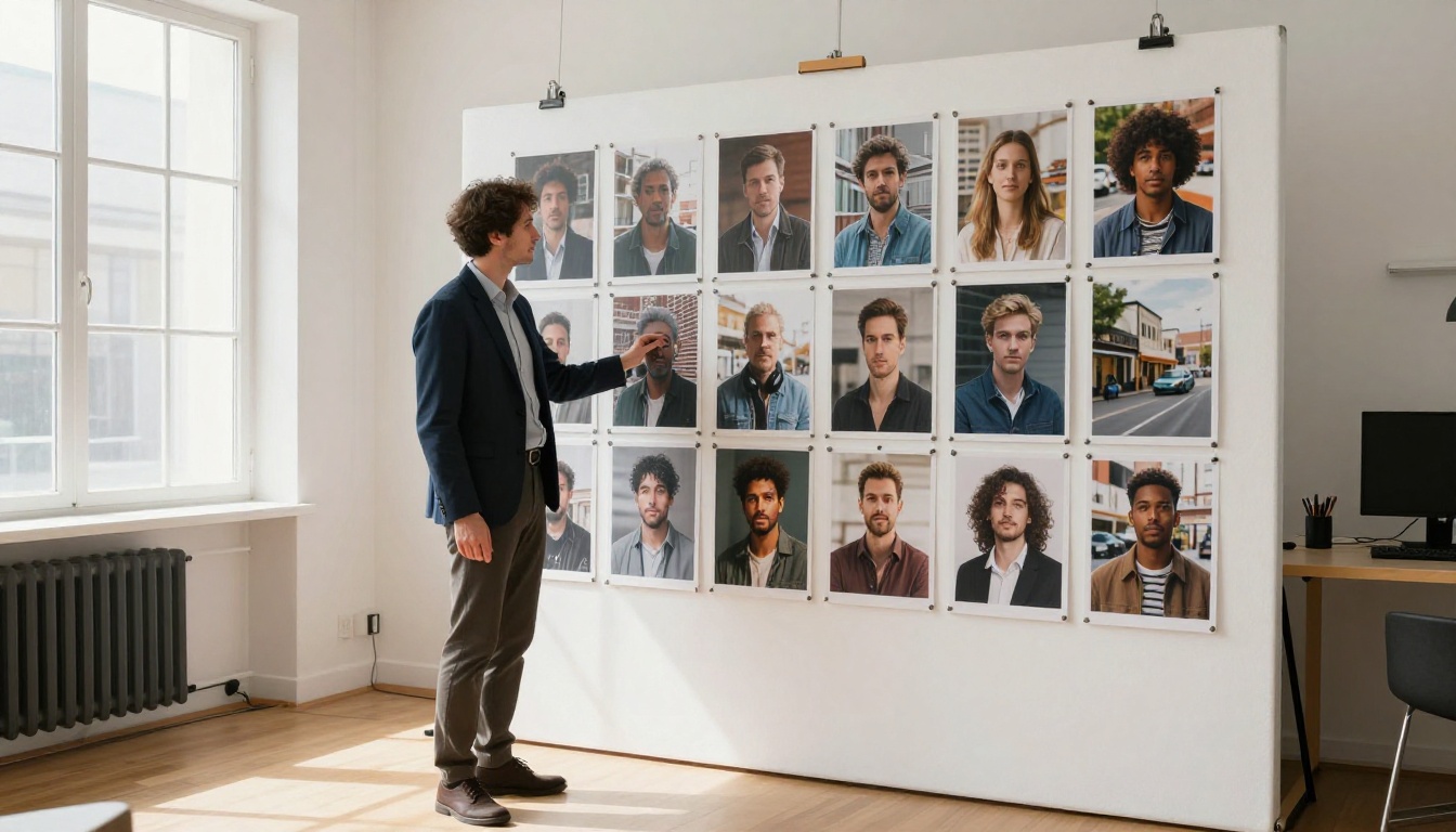 Male professional presenting large-format AI-generated photorealistic print designs on an easel in a bright creative studio with natural window light Male professional presenting large-format AI-generated photorealistic print designs on an easel in a bright creative studio with natural window light