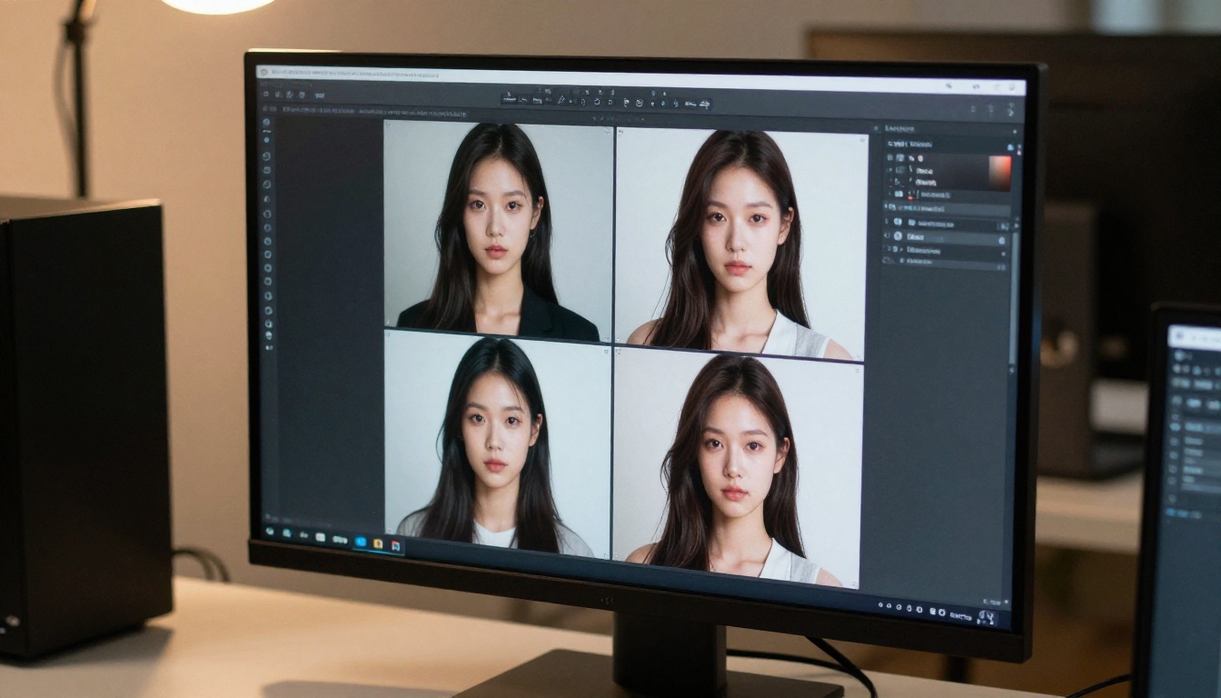 AI comparison interface displaying multiple photorealistic outputs side by side on a 4K monitor in a professional studio