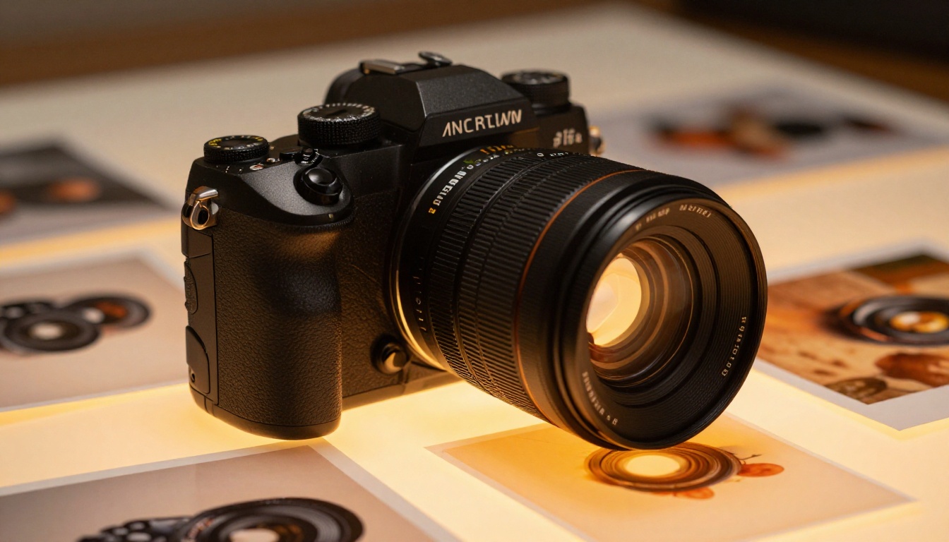 Macro close-up of a professional camera body and 50mm lens on a backlit light table surrounded by high-fidelity printed photographs, warm amber backlight Macro close-up of a professional camera body and 50mm lens on a backlit light table surrounded by high-fidelity printed photographs, warm amber backlight
