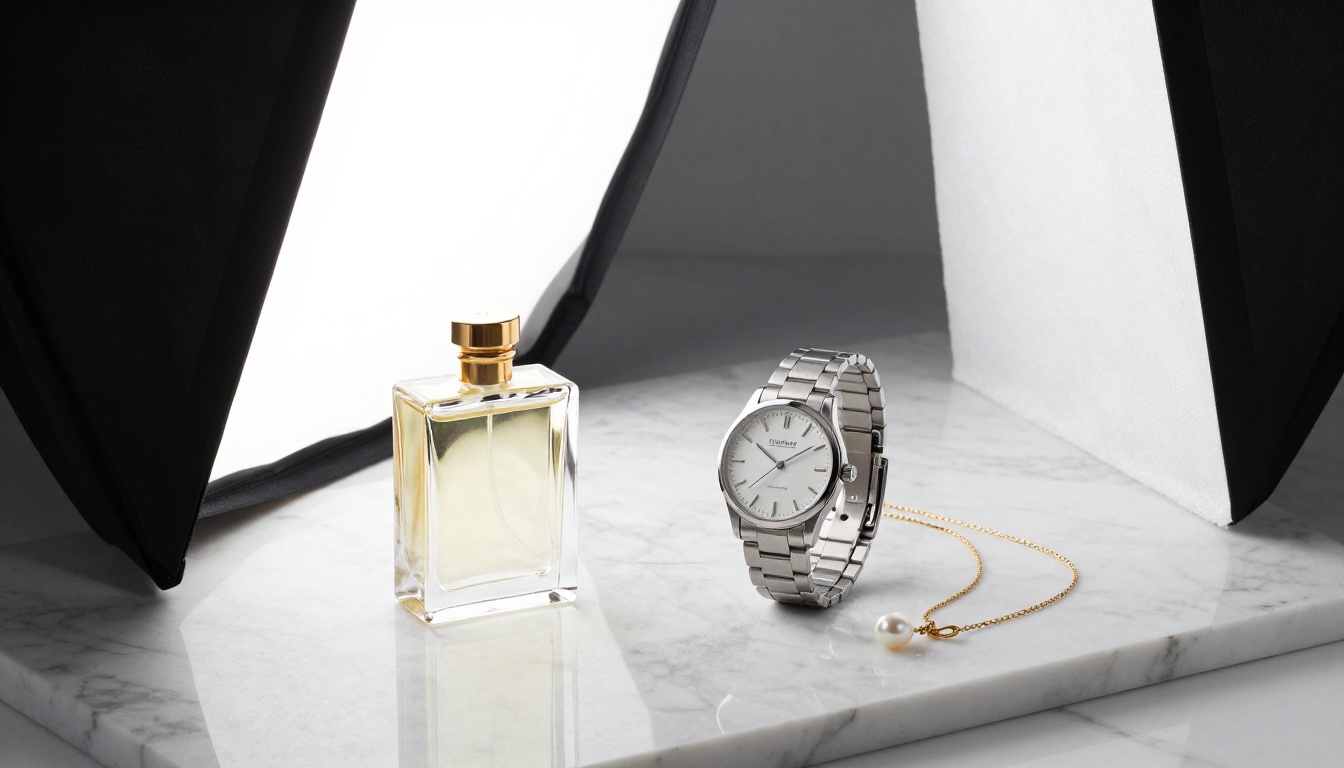 Luxury product photography with perfume, watch and pearl jewelry on polished white marble with perfect studio lighting