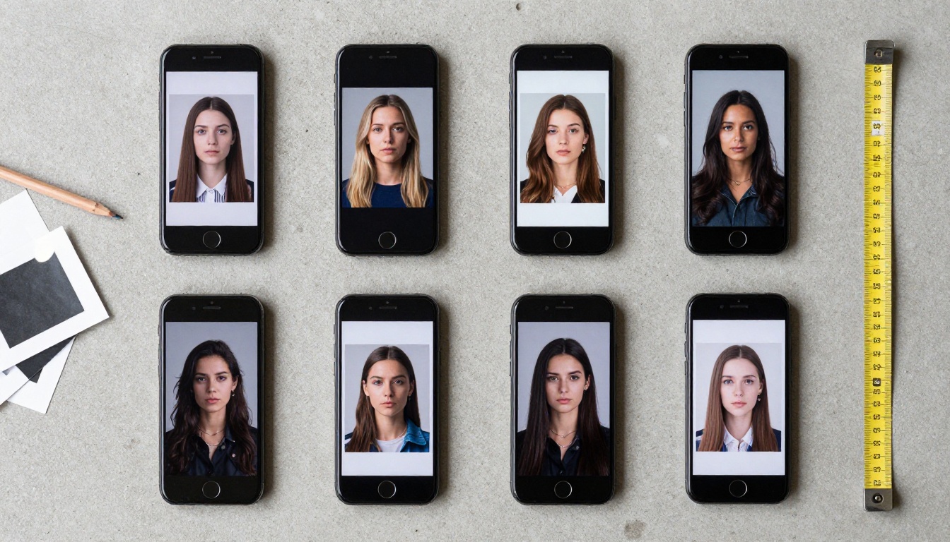 Aerial top-down view of six smartphones displaying different AI-generated images arranged on raw concrete with design props and color swatches Aerial top-down view of six smartphones displaying different AI-generated images arranged on raw concrete with design props and color swatches