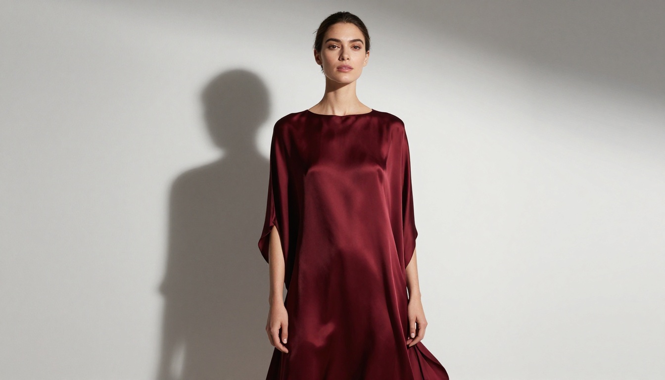Fashion editorial portrait of woman in deep burgundy silk dress with dramatic single-source directional lighting