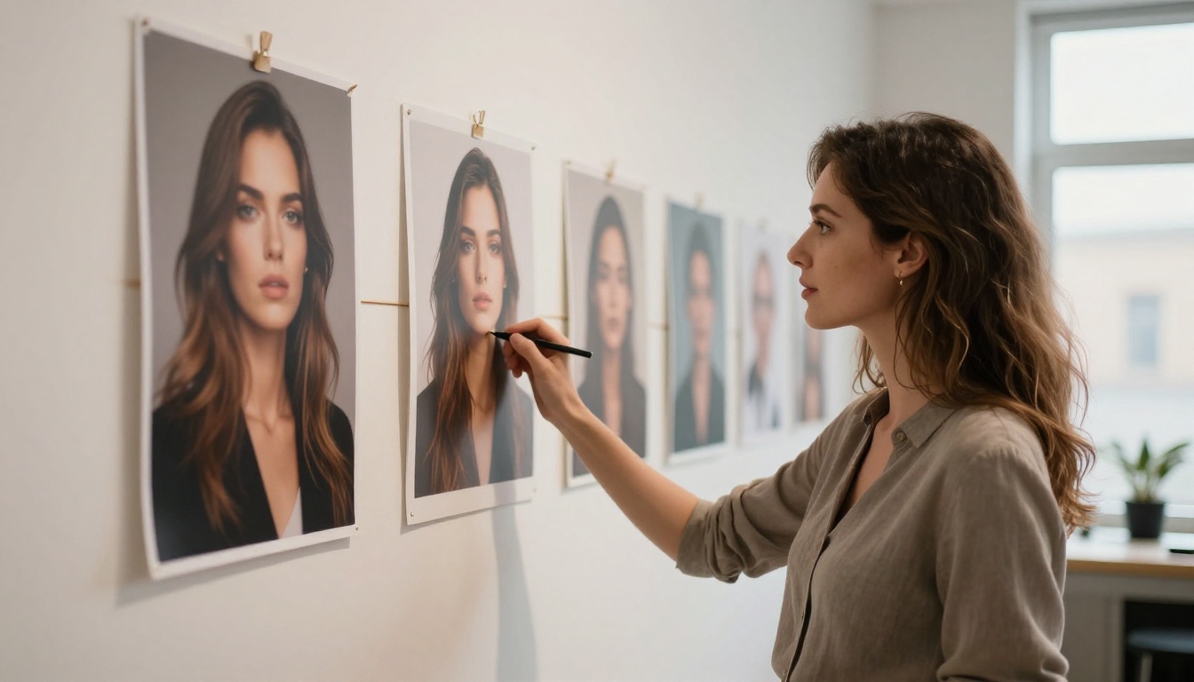 Female creative professional reviewing high-quality AI-generated portrait prints on a wooden display wall in a well-lit photography studio Female creative professional reviewing high-quality AI-generated portrait prints on a wooden display wall in a well-lit photography studio