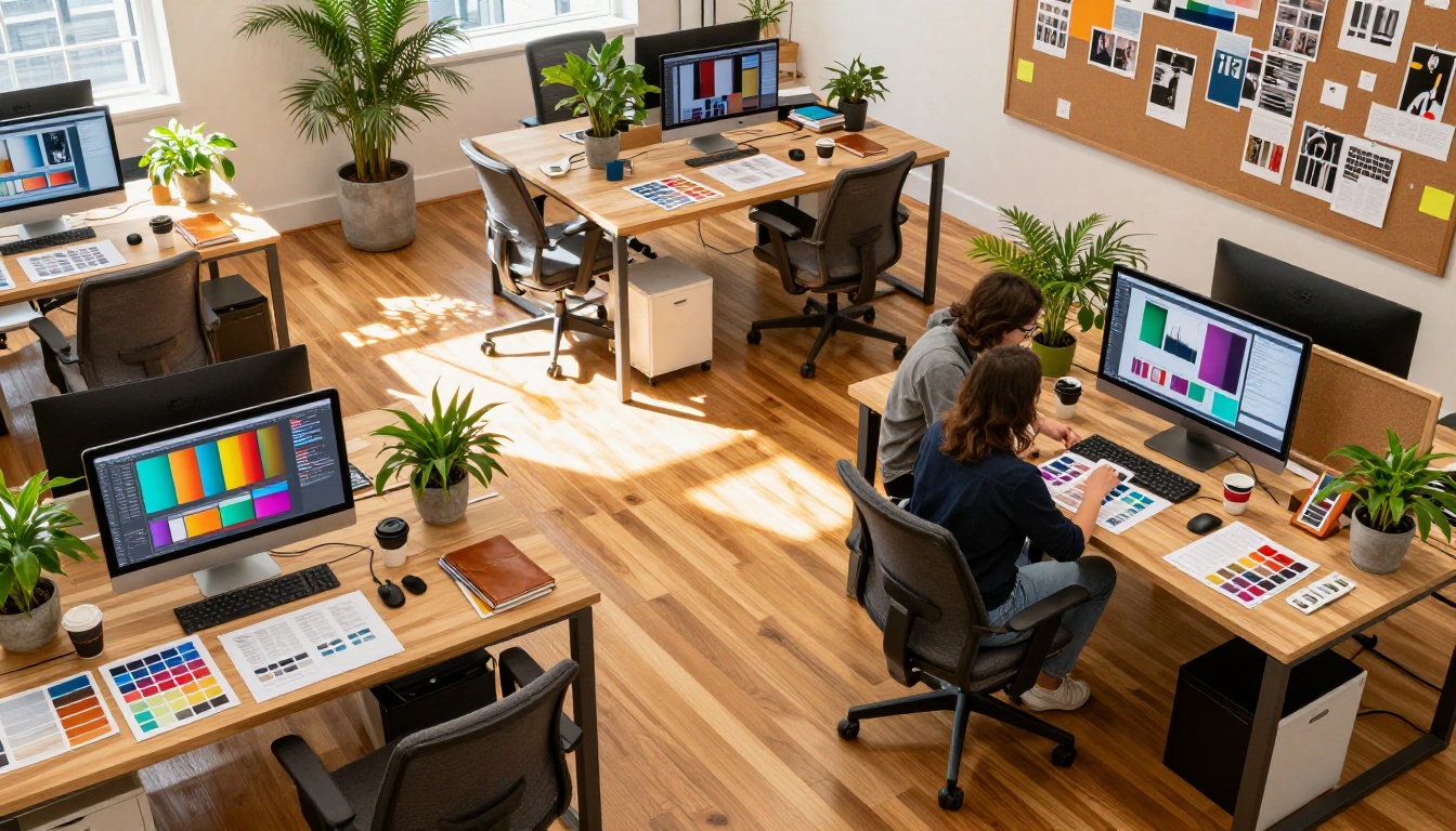 Aerial top-down view of creative agency workspace with designers reviewing AI-generated artwork on large monitors