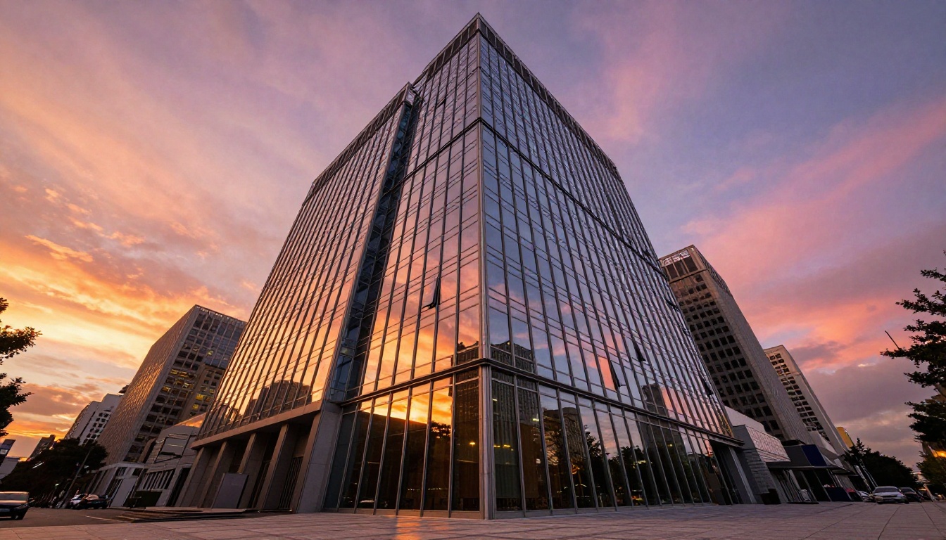 Low angle architectural photography of modern glass skyscraper reflecting dramatic sunset sky with volumetric golden light