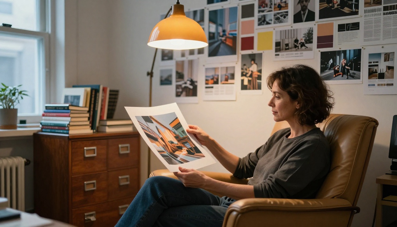 Creative director in tan leather armchair reviewing printed AI-generated images in warm-lit artistic studio