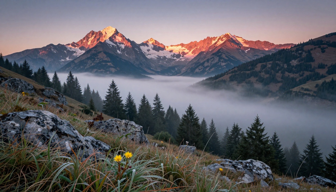 Telephoto mountain landscape photography at dawn with morning mist filling valley and pink alpine light on peaks