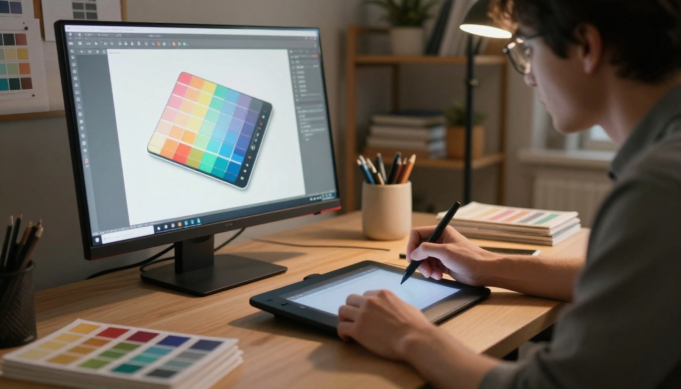Product designer using a professional graphics tablet at an organized workstation reviewing AI-generated design work