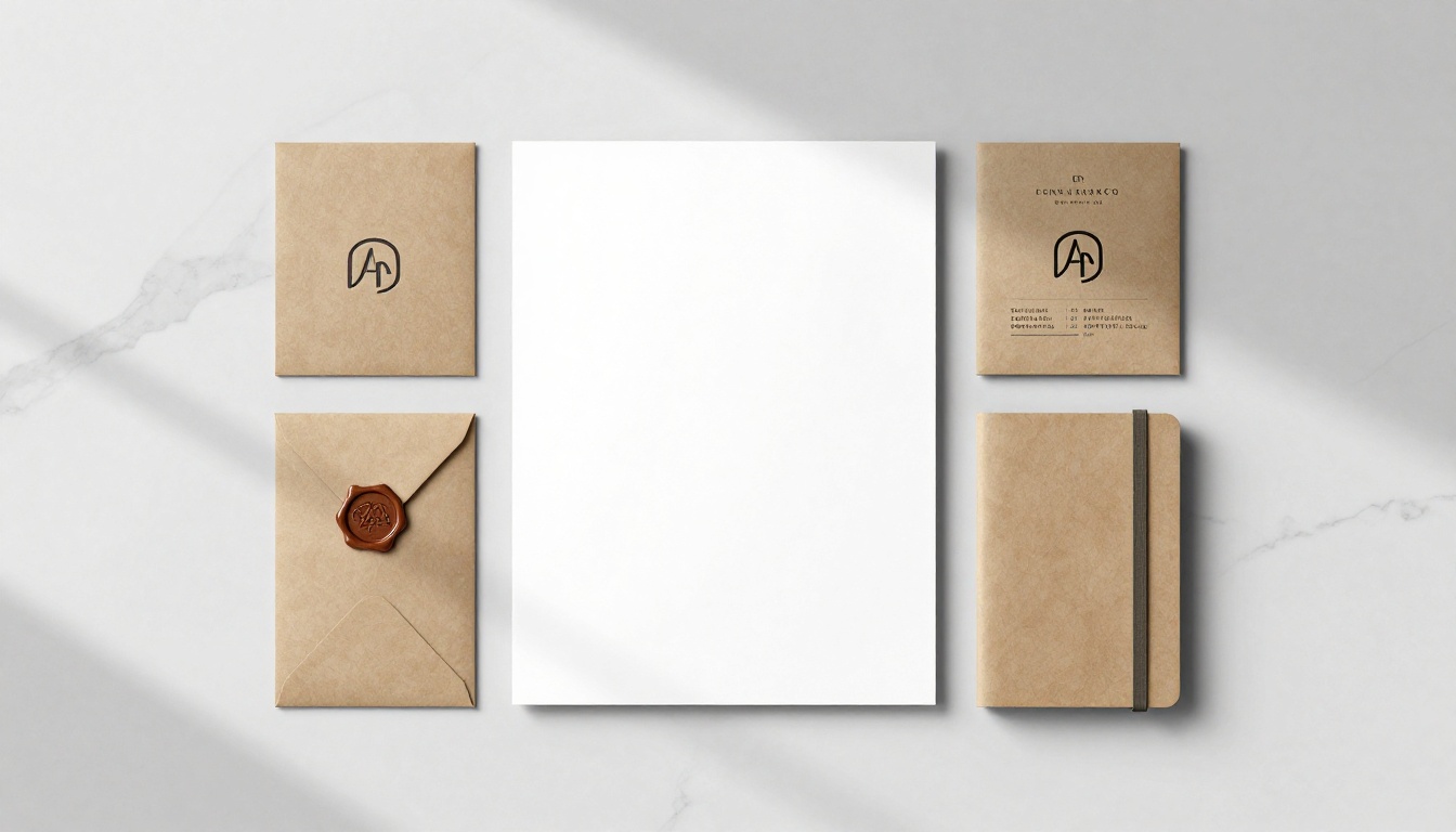 Overhead flat-lay of premium brand identity materials on marble Overhead flat-lay of premium brand identity materials on marble