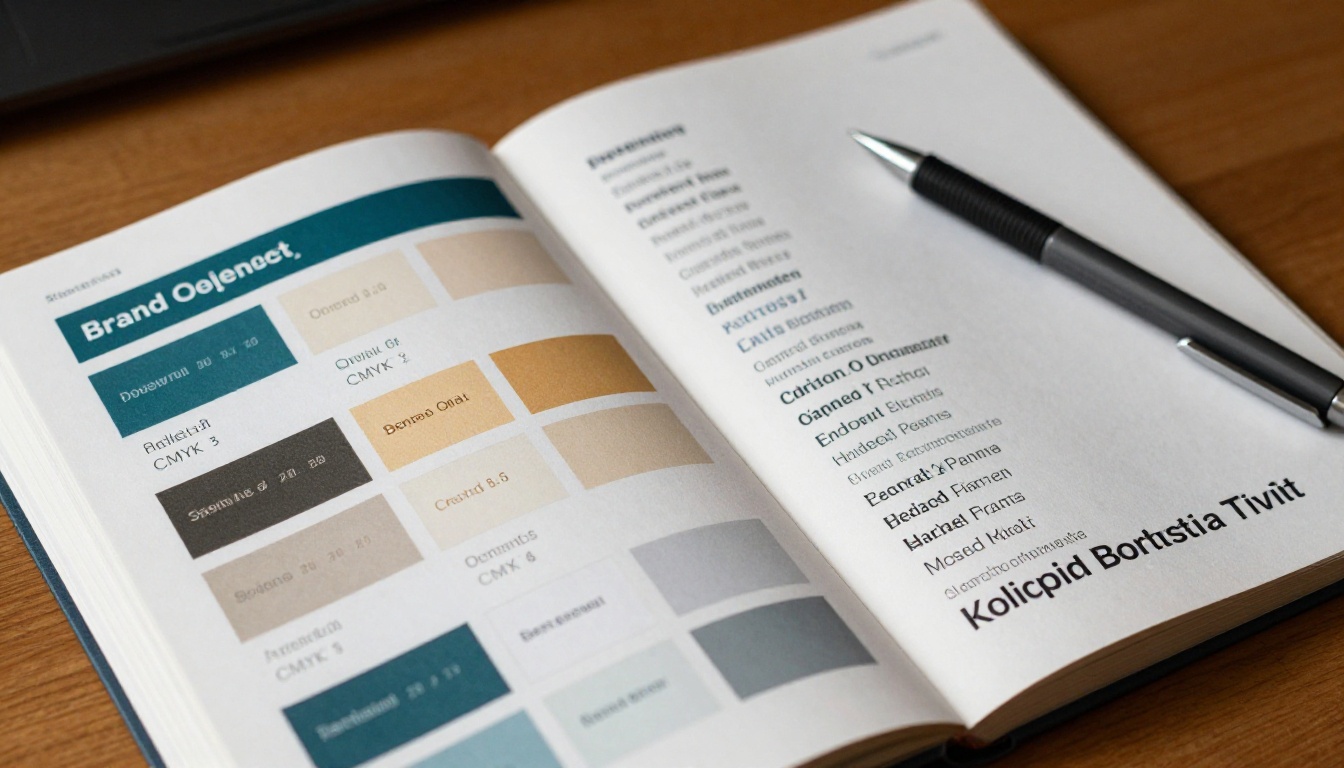Brand guideline booklet open on desk Brand guideline booklet open on desk