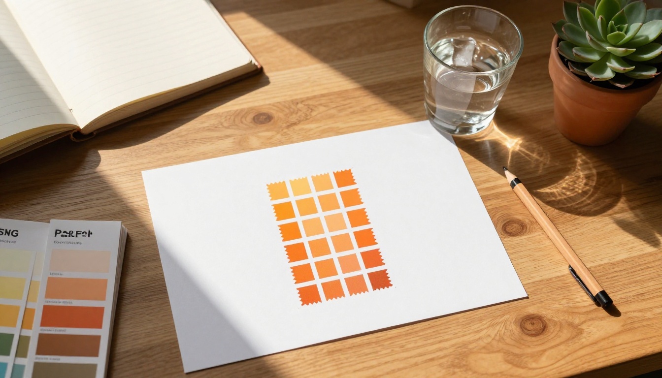 Aerial overhead shot of a designer's desk with printed vector logo designs, Pantone swatches, and design tools Aerial overhead shot of a designer's desk with printed vector logo designs, Pantone swatches, and design tools