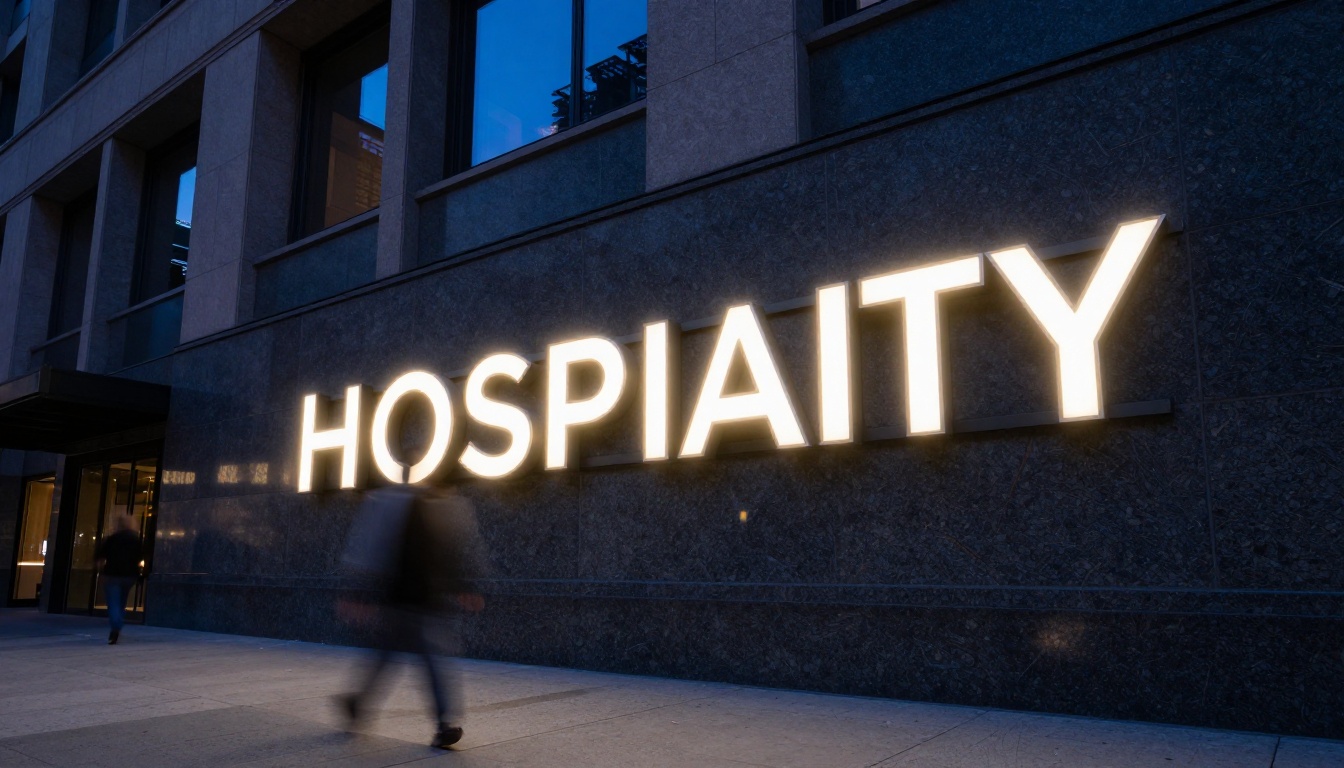 Brand identity signage illuminated on building exterior at dusk Brand identity signage illuminated on building exterior at dusk