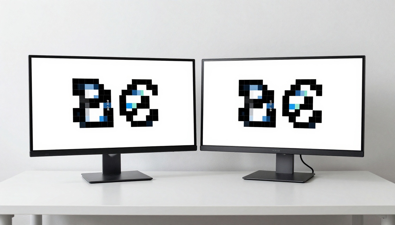 Two monitors side by side showing raster pixelation vs crisp vector art at 400 percent zoom Two monitors side by side showing raster pixelation vs crisp vector art at 400 percent zoom