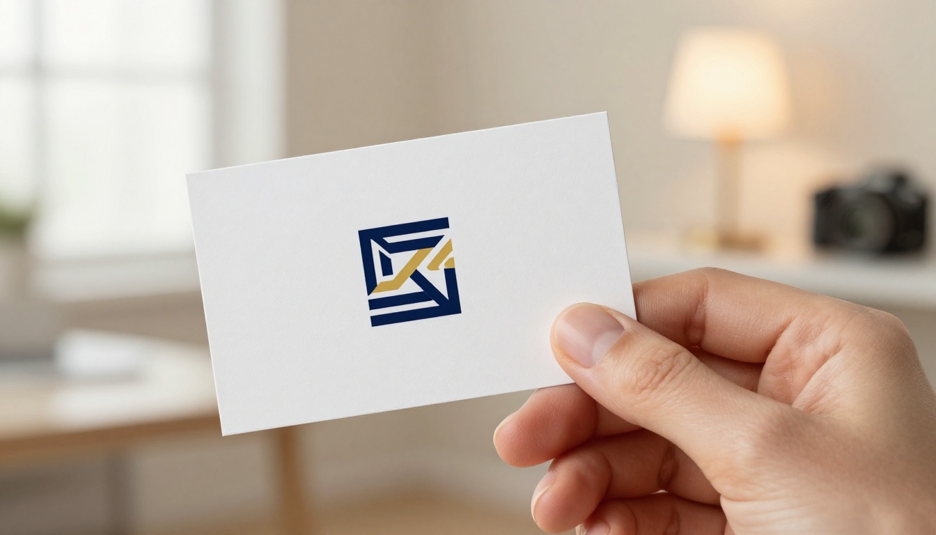 Woman's hand holding a premium white business card with clean geometric logo in deep navy and gold, sharp vector edges Woman's hand holding a premium white business card with clean geometric logo in deep navy and gold, sharp vector edges