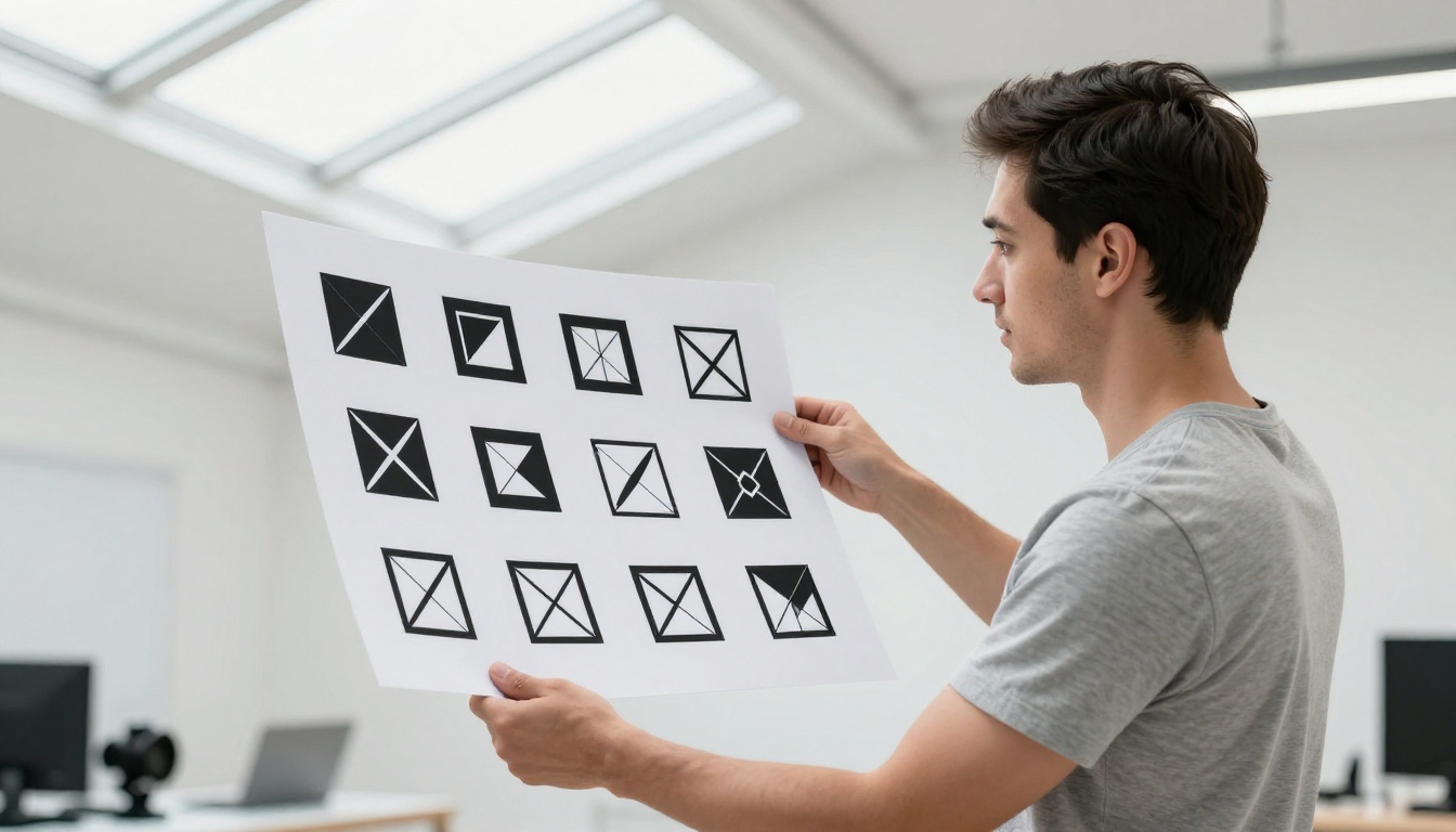 Art director reviewing printed A3 sheet of black and white vector icon set in a bright studio with skylight Art director reviewing printed A3 sheet of black and white vector icon set in a bright studio with skylight