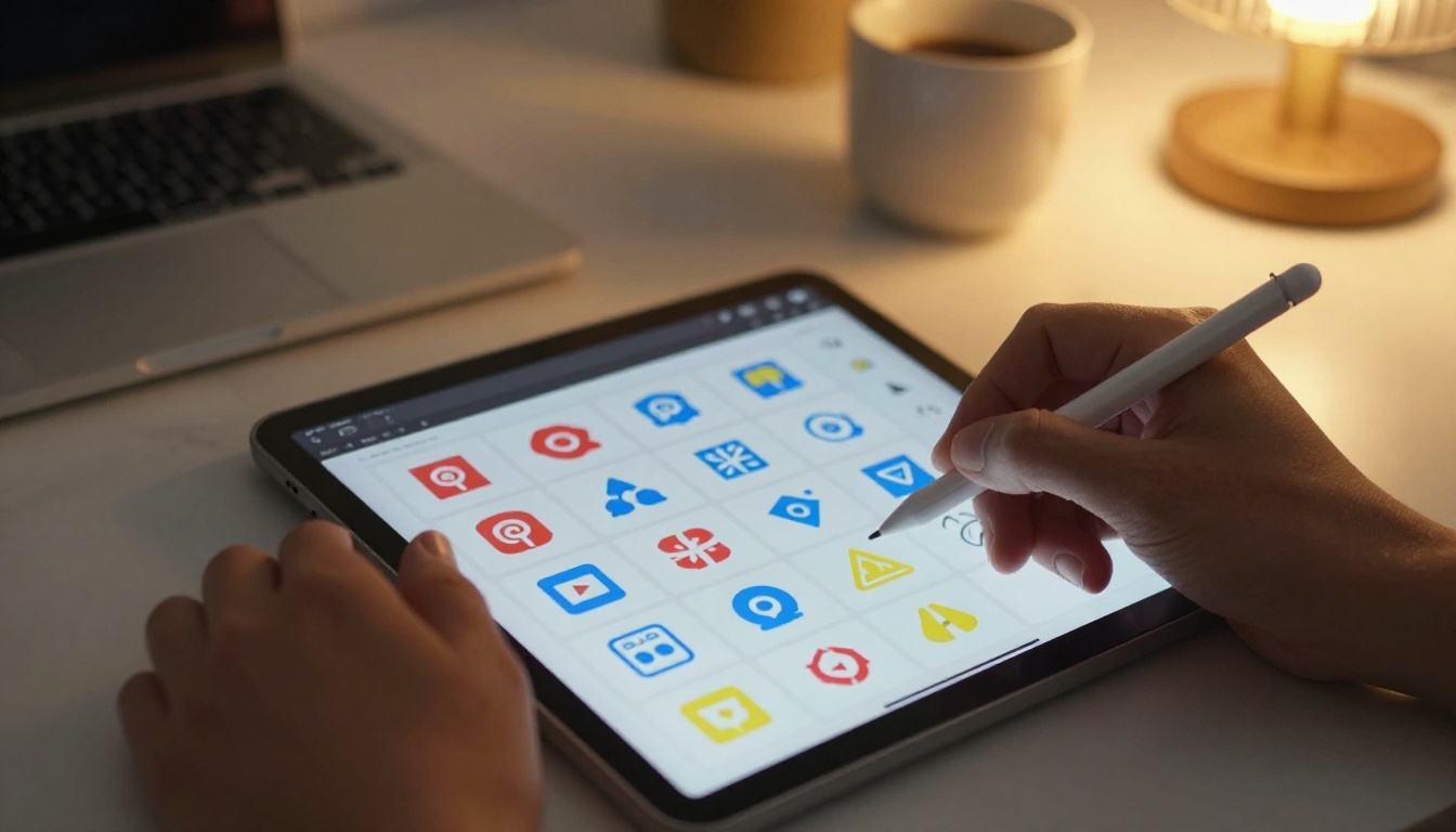 Graphic designer's hand with stylus editing colorful SVG icons on an iPad Pro with warm lamp light Graphic designer's hand with stylus editing colorful SVG icons on an iPad Pro with warm lamp light