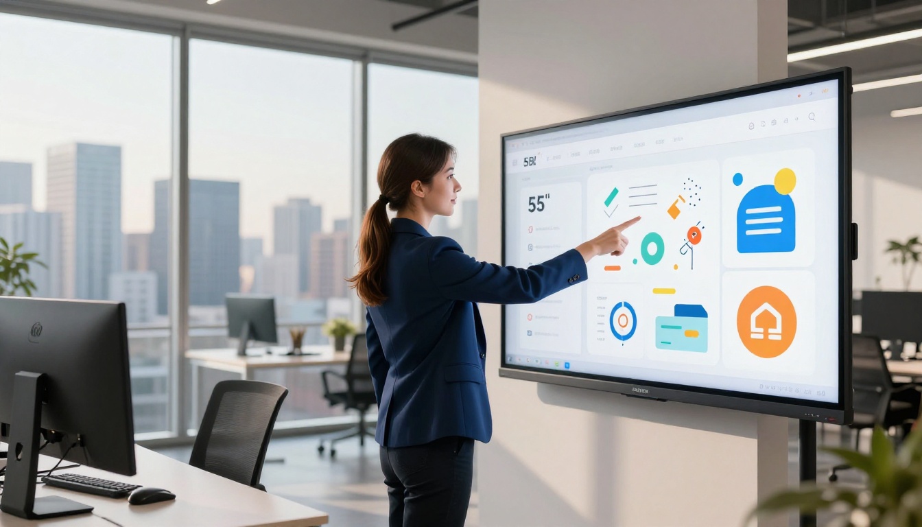 Creative professional pointing at large wall-mounted display showing vector illustrations in a modern open-plan tech office Creative professional pointing at large wall-mounted display showing vector illustrations in a modern open-plan tech office