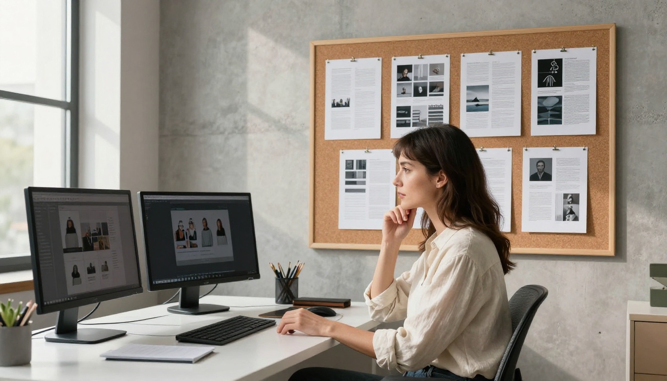 A focused graphic designer reviewing print design proofs at a modern studio workstation with multiple monitors