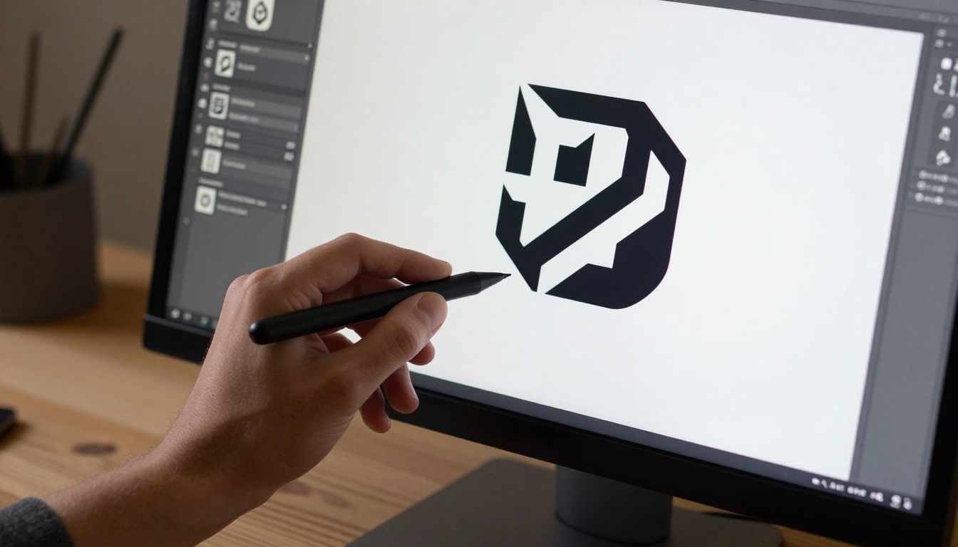 Close-up of a monitor displaying clean scalable vector logos with crisp bezier curves, designer's stylus hand in frame