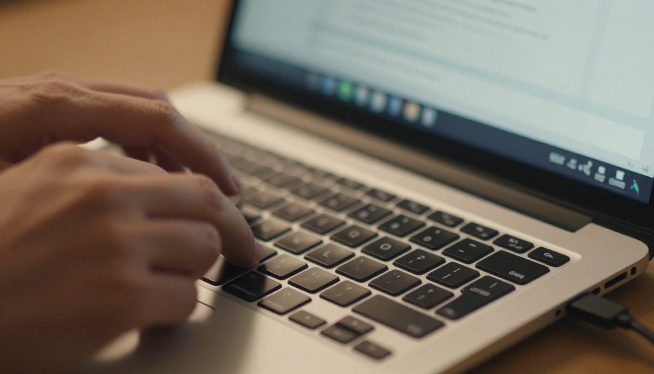 Designer's hands on a silver MacBook Pro keyboard with USB-C cable plugged in, soft warm lamp light from the right Designer's hands on a silver MacBook Pro keyboard with USB-C cable plugged in, soft warm lamp light from the right