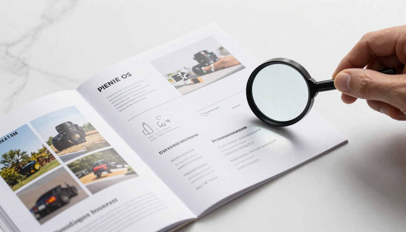 Premium print-ready marketing materials on a white marble surface with a designer's hand holding a magnifying loupe over business cards