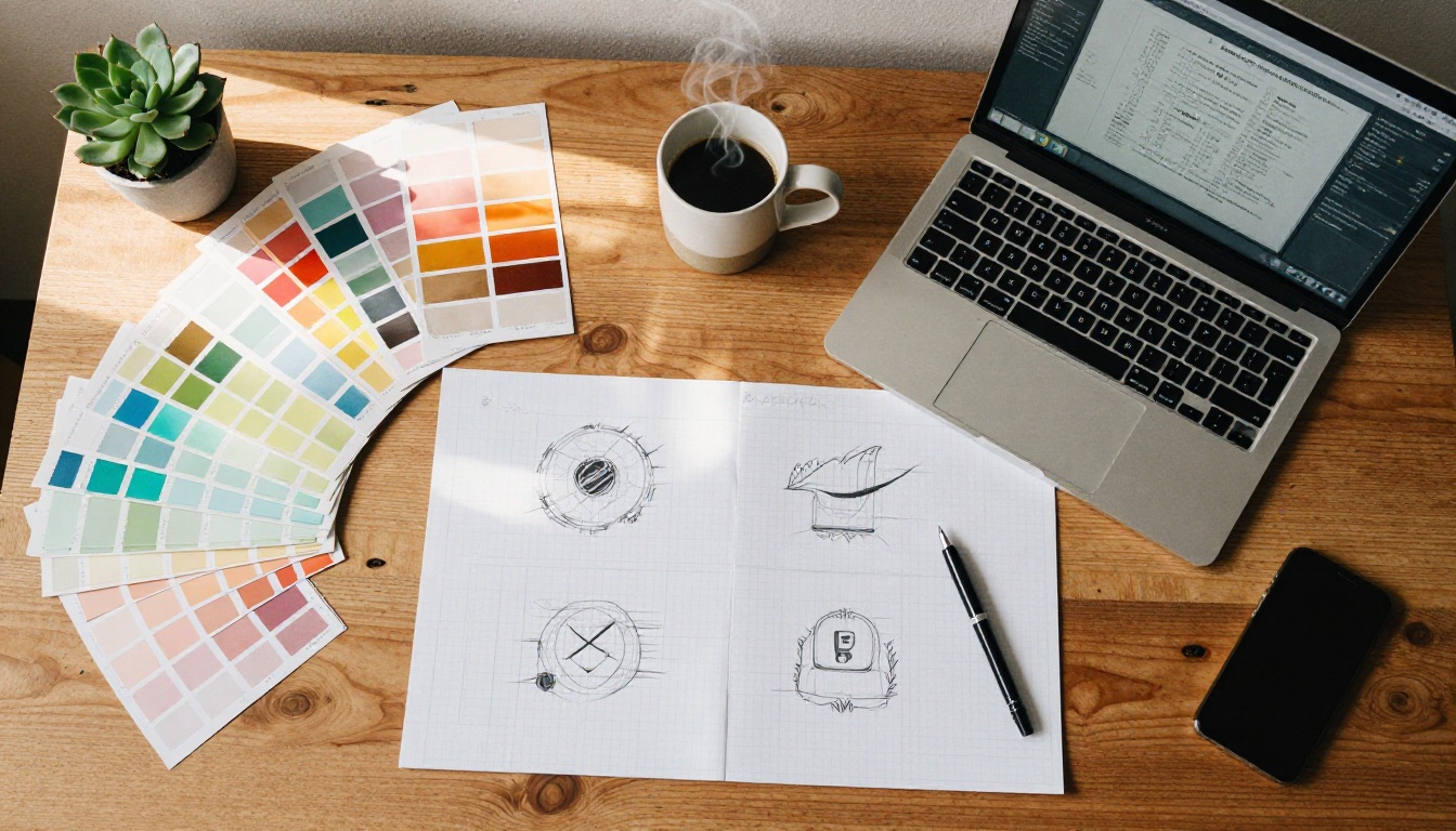 Flat-lay desk with logo sketches and design tools Flat-lay desk with logo sketches and design tools