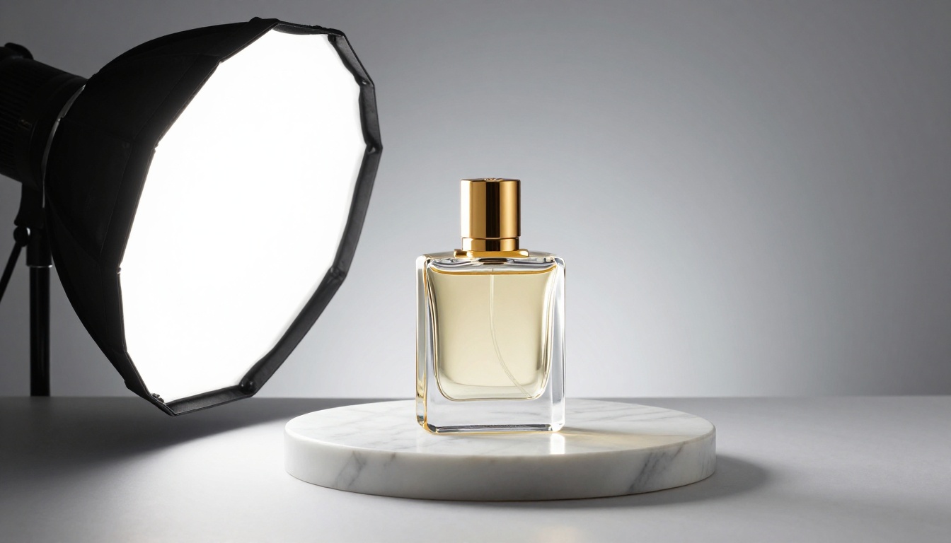 Elegant glass perfume bottle with gold accents on white marble platform with professional studio lighting creating crisp realistic reflections