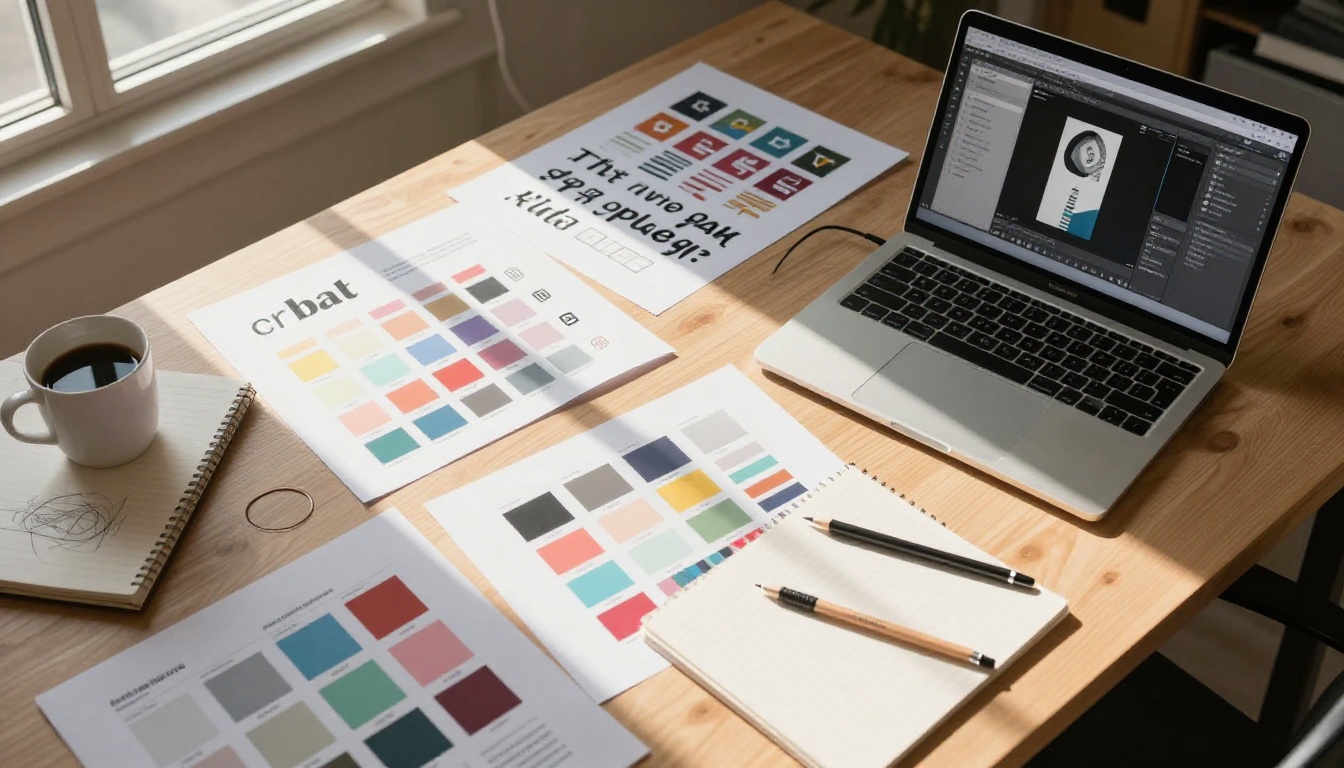 Aerial top-down view of a creative workspace with brand identity materials, color palettes, typography samples, Pantone swatches and coffee cup