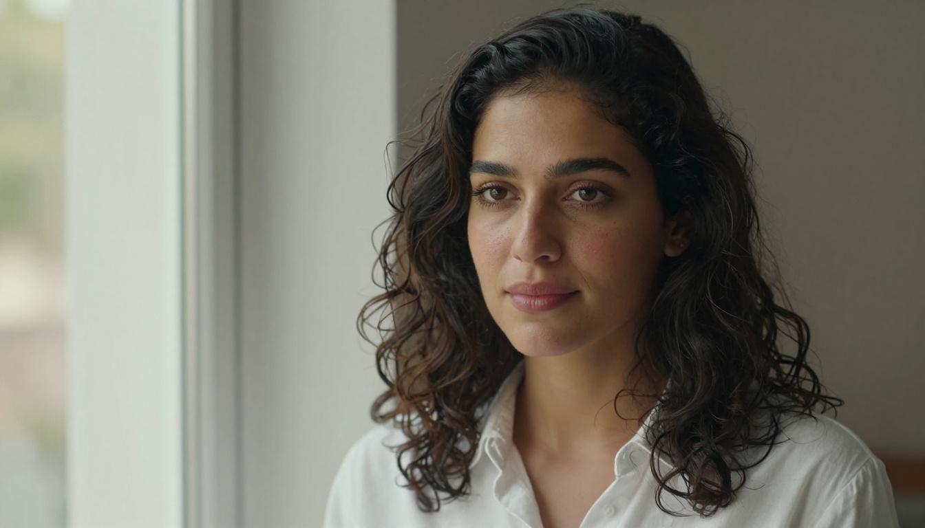 Photorealistic portrait of a woman with natural Mediterranean skin tone and dark wavy hair near a large window with soft diffused afternoon light