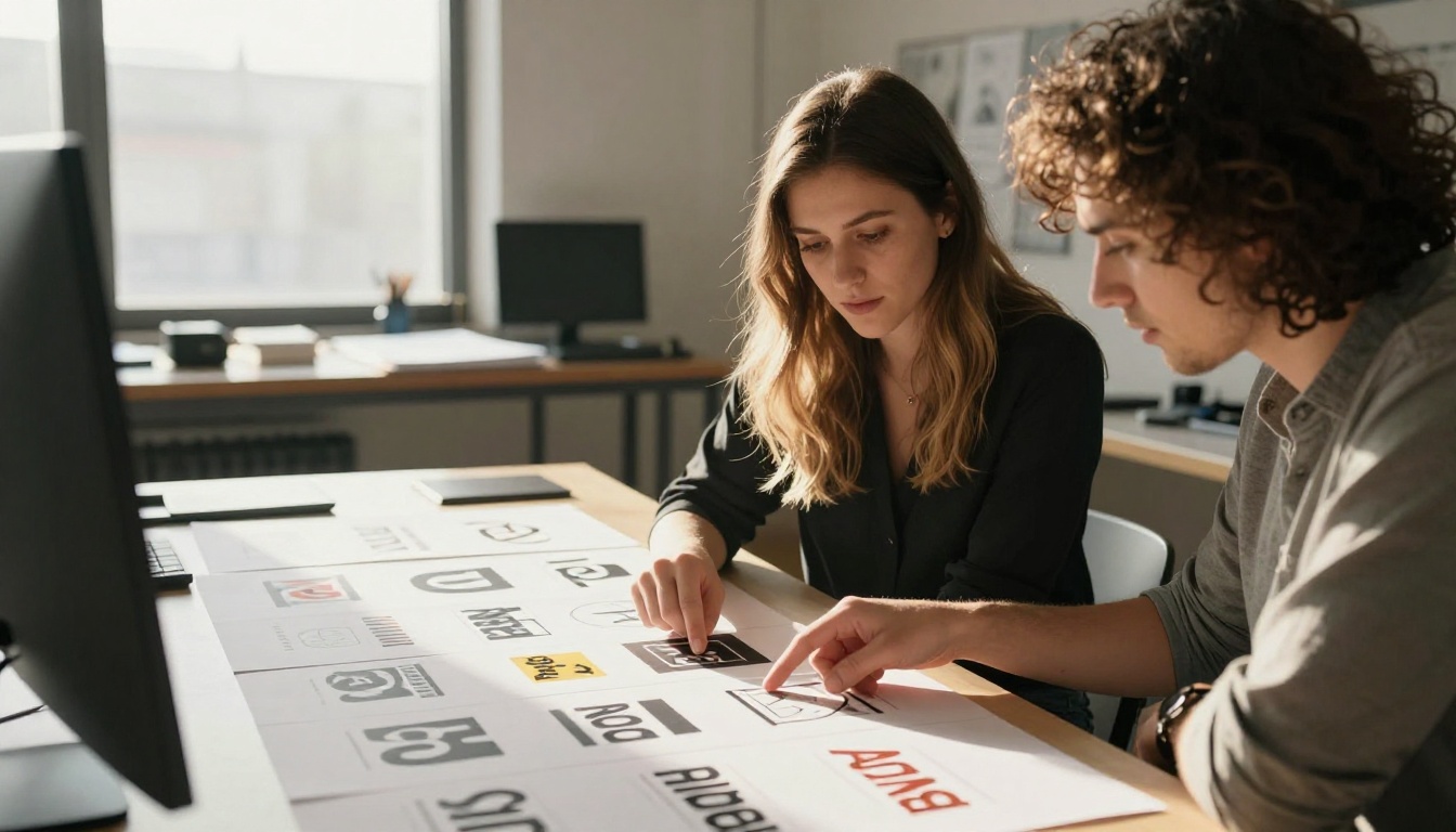 Two designers reviewing brand guidelines Two designers reviewing brand guidelines