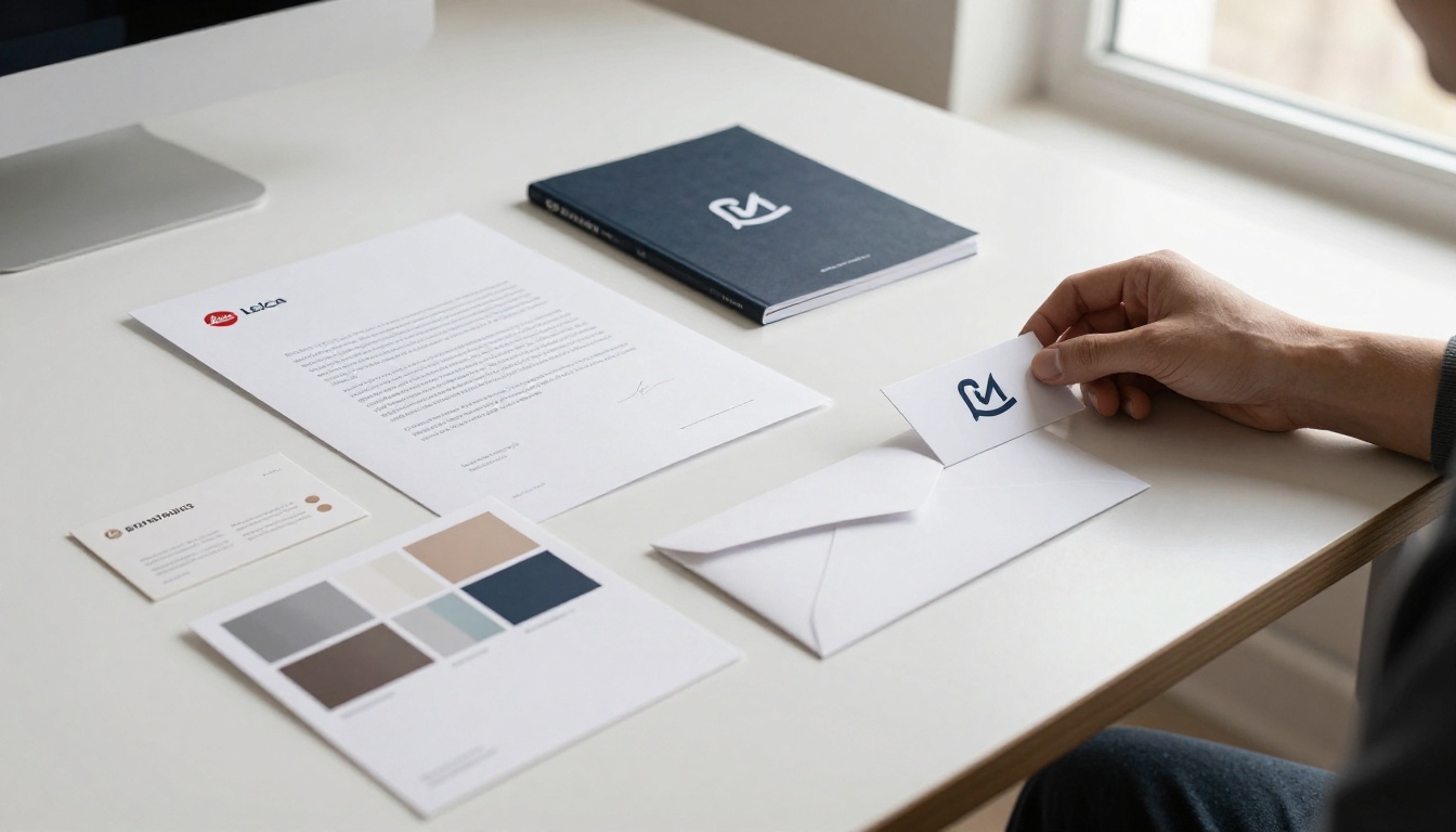 A brand identity system with logo mark, color palette swatches, typography specimen sheet and branded stationery spread across a clean white table