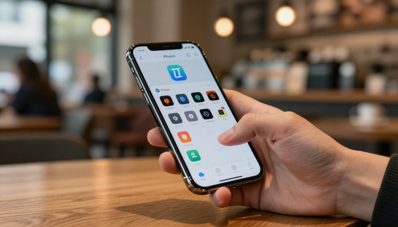 Phone with logo design app at coffee shop Phone with logo design app at coffee shop