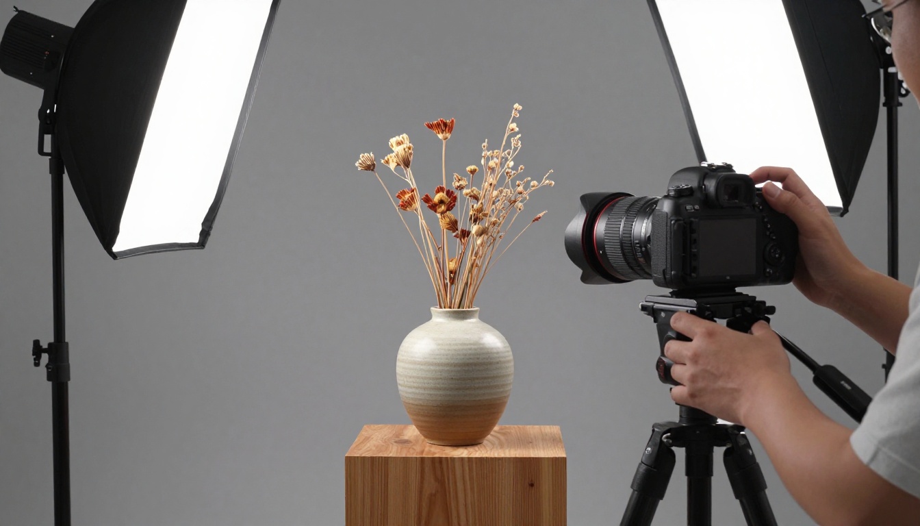 A professional DSLR on a tripod aimed at a ceramic vase with dried flowers in a studio with split studio lights and grey seamless background